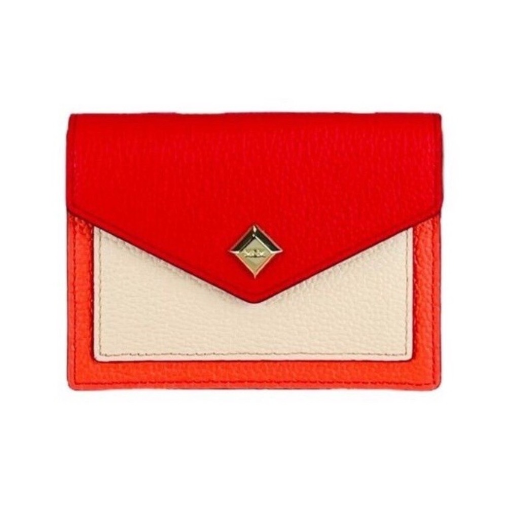 MCM Red Orange Cream Pebbled Leather Color Block Envelope Card Case Wallet Lux